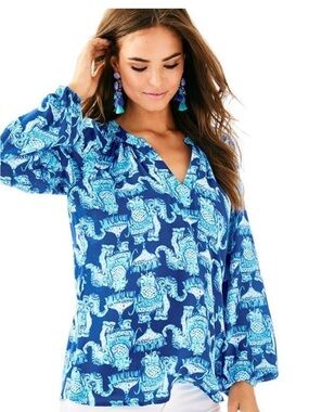 EUC Lilly Pulitzer Martinique Blouse "Joy Ride" Deep Indigo Elephants Small